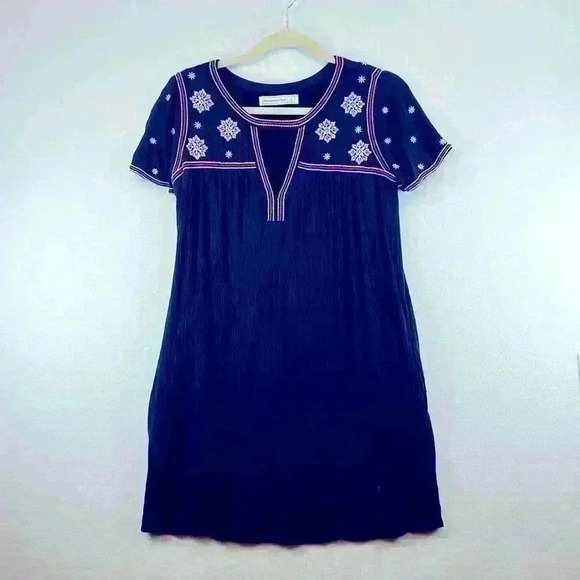 Abercrombie & Fitch Dress Women’s Small Navy Floral Embroidered Gauze Pockets - Picture 1 of 8